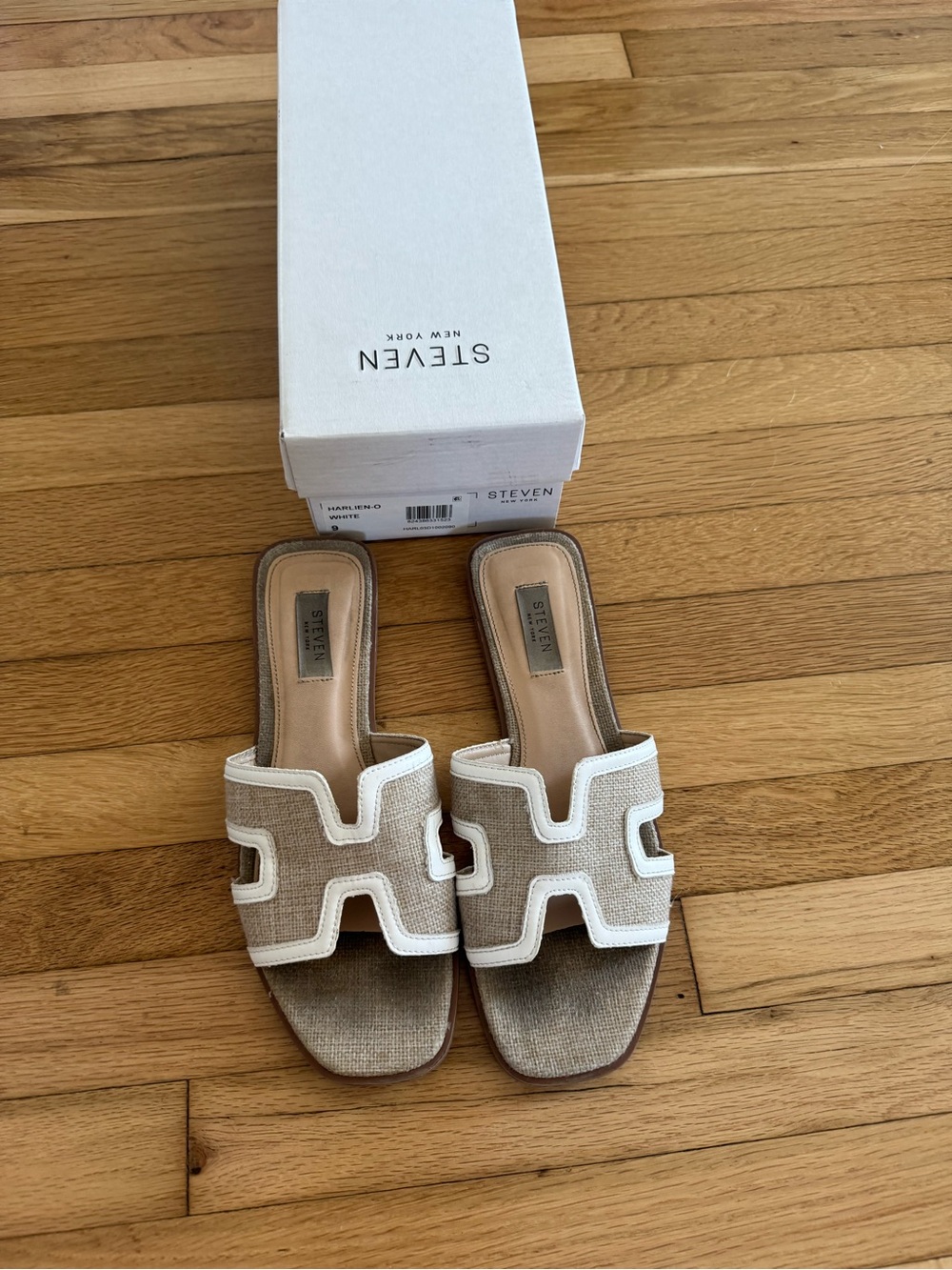 Steven New York Tan & Brown Sandals with white H-shaped Straps Size 9